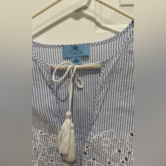 CeCe Blue and White Striped Blouse with Lace Accents - Picture 3 of 7